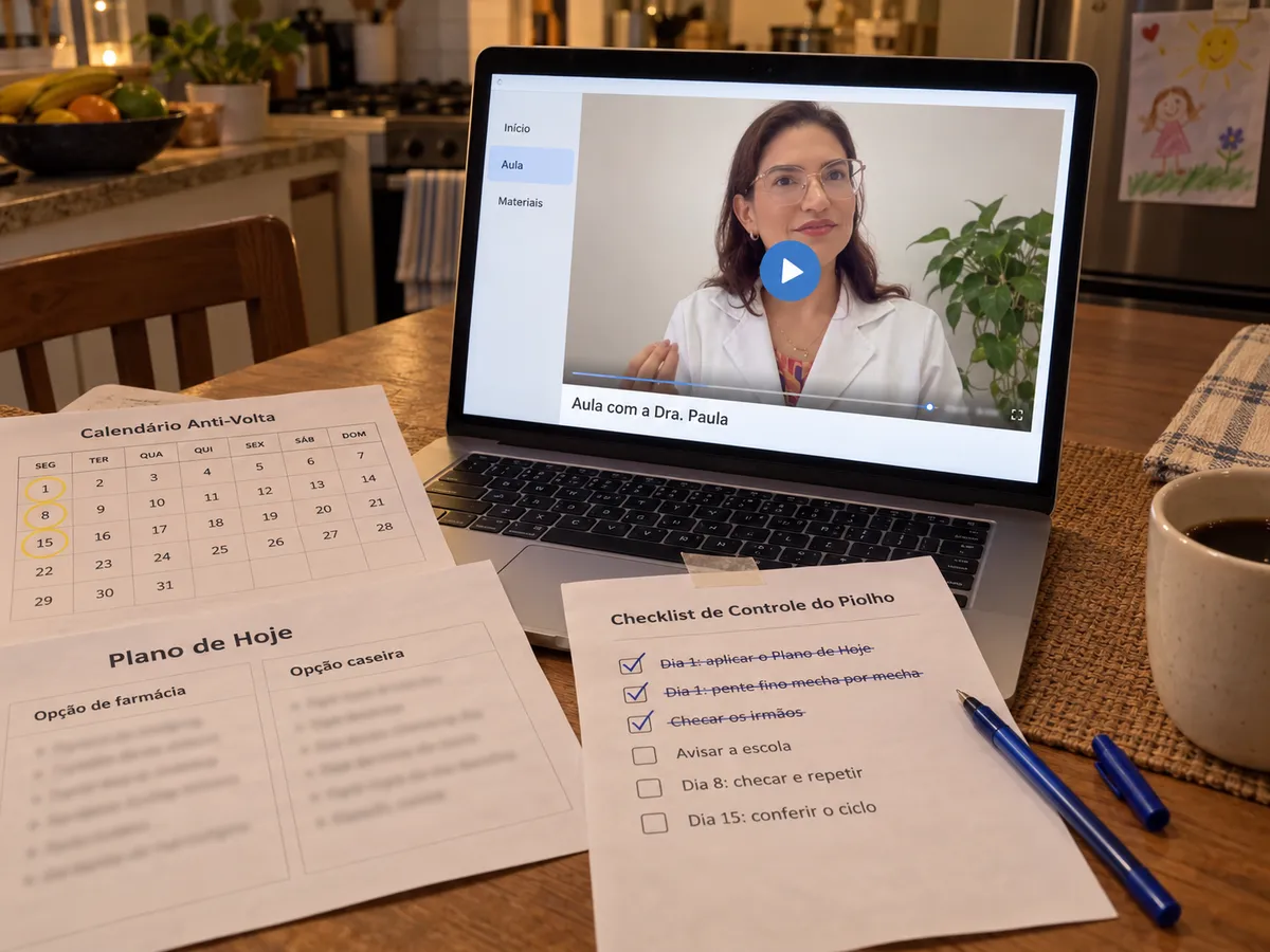 Notebook com a aula da Dra. Paula aberta, o Calendário Anti-Volta, o Plano de Hoje e o Checklist impressos sobre a mesa